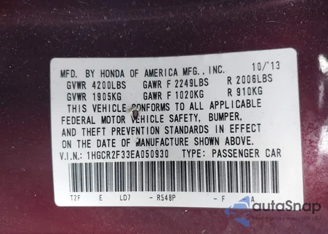 2014 Honda Accord Lx из США, поврежденный, VIN 1HGCR2F33EA050930